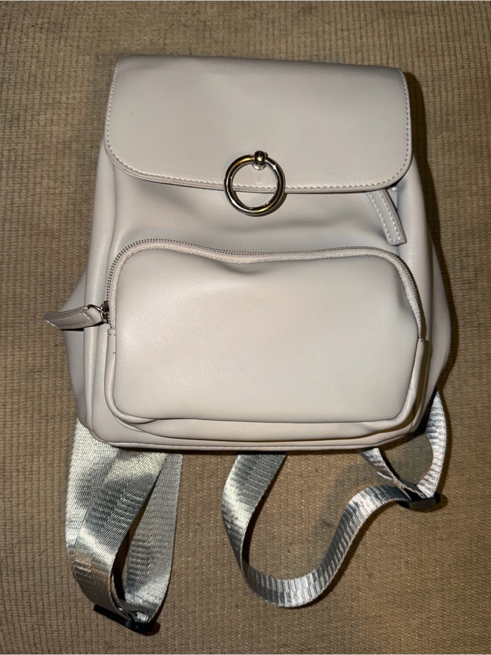Women's Gray Mini Backpack with Front Pocket and Ring Accent